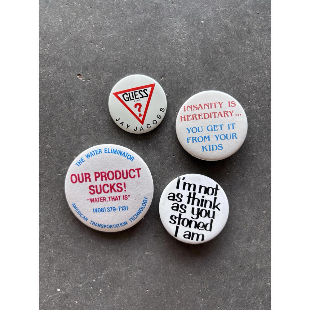 Lot Of 4 Vintage Pins Guess Jay Jacobs Funny Stoner Humor Designer 80s 90s